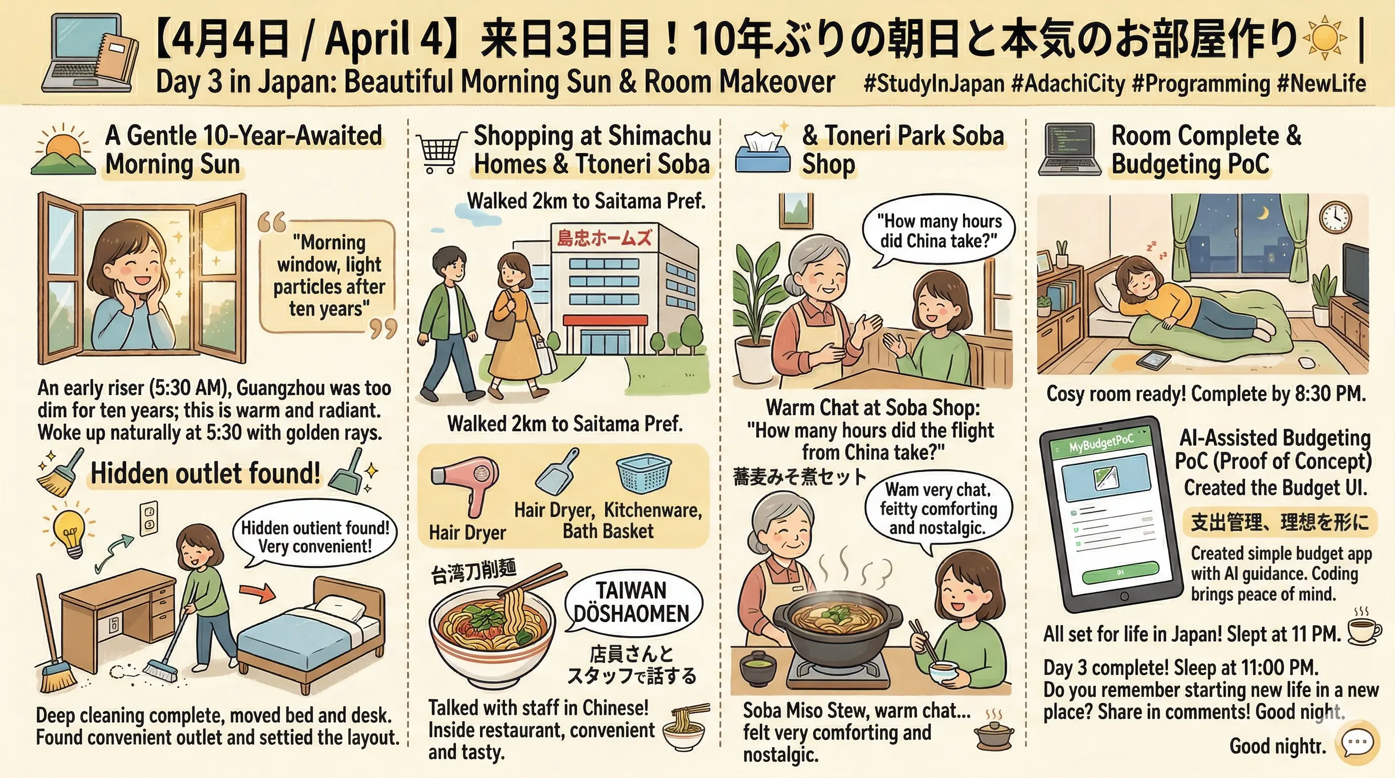 日本生活3日目：10年ぶりの朝日に包まれて、新生活のコードを書き始める